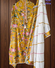 Cotton Floral Print Unstitched Suit Set with Crochet Lace  & Cotton Dupatta
