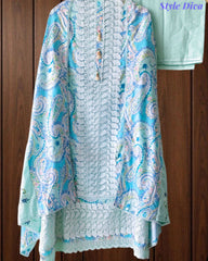 Pure Cotton Digital Print Unstitched Suit Set with Crochet Lace and Embroidered Dupatta