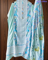 Pure Cotton Digital Print Unstitched Suit Set with Crochet Lace and Embroidered Dupatta