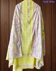 Pure Cotton Digital Print Unstitched Suit Set with Crochet Lace and Embroidered Dupatta