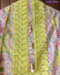 Pure Cotton Digital Print Unstitched Suit Set with Crochet Lace and Embroidered Dupatta