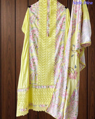 Pure Cotton Digital Print Unstitched Suit Set with Crochet Lace and Embroidered Dupatta