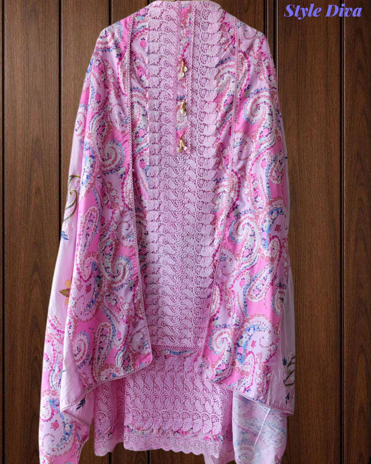 Pure Cotton Digital Print Unstitched Suit Set with Crochet Lace and Embroidered Dupatta