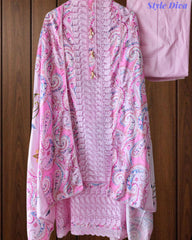 Pure Cotton Digital Print Unstitched Suit Set with Crochet Lace and Embroidered Dupatta
