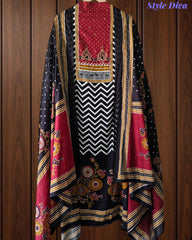 Cotton Printed Unstitched Suit Set with Faux Mirror, Knot Highlighting & Mul Cotton Dupatta