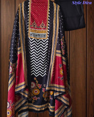 Cotton Printed Unstitched Suit Set with Faux Mirror, Knot Highlighting & Mul Cotton Dupatta