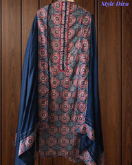 Cotton Printed Unstitched Suit Set with Crochet Lace, Zari Highlighting & Cotton Dupatta