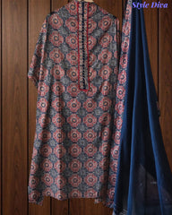 Cotton Printed Unstitched Suit Set with Crochet Lace, Zari Highlighting & Cotton Dupatta