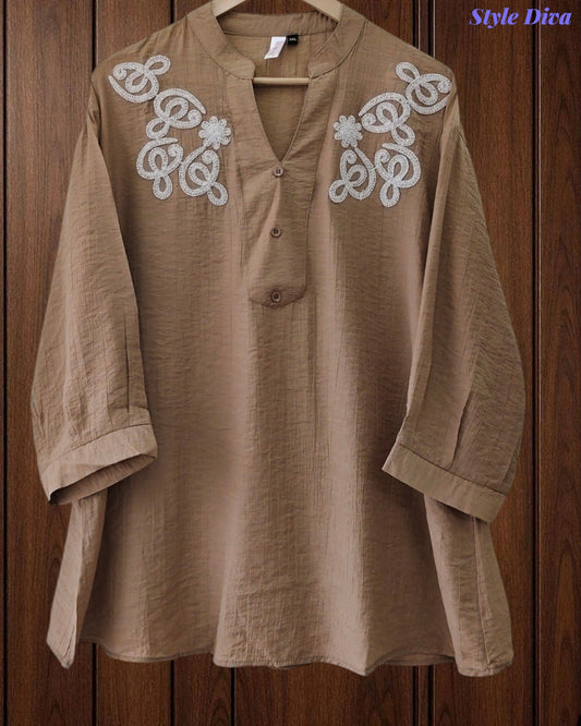46 ( 3XL) - Stylish 3D Embroidered Mandarin Collar Wrinkle Vicose Rayon Top