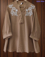 Stylish 3D Embroidered Mandarin Collar Wrinkle Vicose Rayon Top