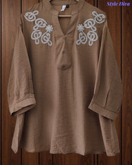 Stylish 3D Embroidered Mandarin Collar Wrinkle Vicose Rayon Top