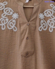 Stylish 3D Embroidered Mandarin Collar Wrinkle Vicose Rayon Top