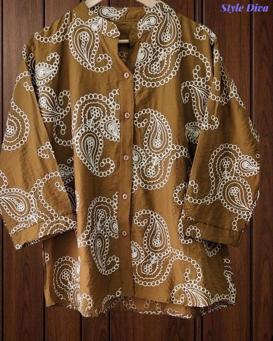 44 ( 2XL)-Premium Viscose Rayon 3D Embroidered Paisley Shirt | Comfort Fit | Mandarin Collar | 3/4 Sleeves