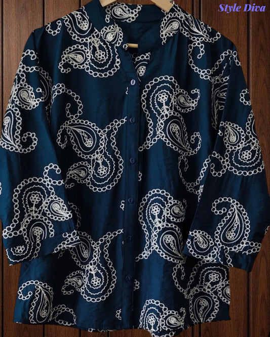 44 ( 2XL)-Premium Viscose Rayon 3D Embroidered Paisley Shirt | Comfort Fit | Mandarin Collar | 3/4 Sleeves