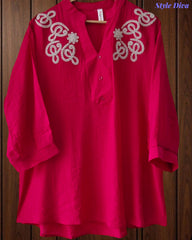 Stylish 3D Embroidered Mandarin Collar Wrinkle Vicose Rayon Top