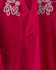 Stylish 3D Embroidered Mandarin Collar Wrinkle Vicose Rayon Top