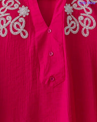 Stylish 3D Embroidered Mandarin Collar Wrinkle Vicose Rayon Top