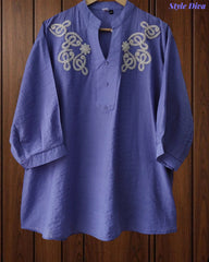 Stylish 3D Embroidered Mandarin Collar Wrinkle Vicose Rayon Top