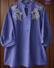 Stylish 3D Embroidered Mandarin Collar Wrinkle Vicose Rayon Top