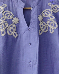 Stylish 3D Embroidered Mandarin Collar Wrinkle Vicose Rayon Top