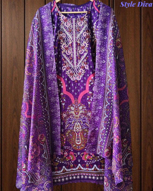 Fully Stitched - Pakistani Style Digital Print Embroidered Kurta Set with Dupatta & Pants