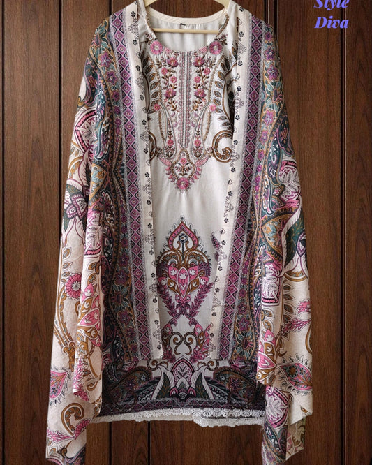 Fully Stitched - Pakistani Style Digital Print Embroidered Kurta Set with Dupatta & Pants