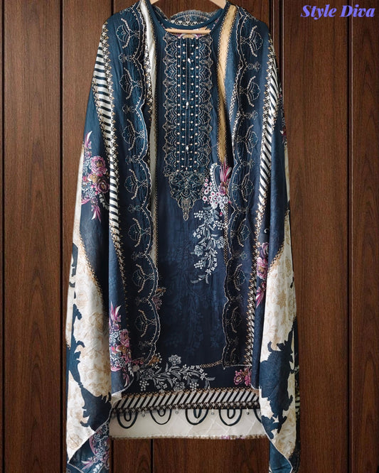 Fully Stitched - Pakistani Style Digital Print Embroidered Kurta Set with Dupatta & Pants