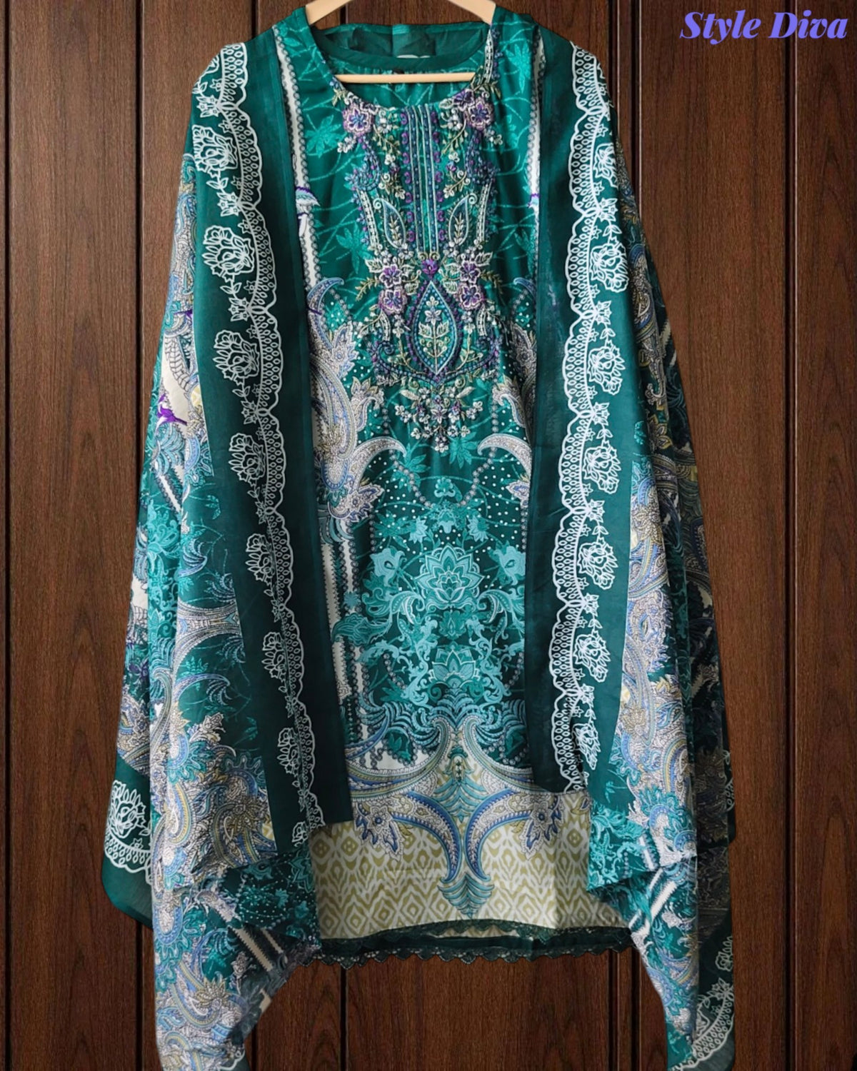 Fully Stitched - Pakistani Style Digital Print Embroidered Kurta Set with Dupatta & Pants
