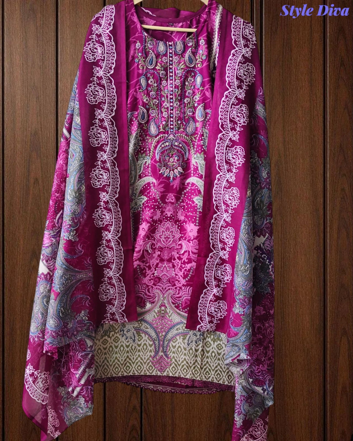 Fully Stitched - Pakistani Style Digital Print Embroidered Kurta Set with Dupatta & Pants
