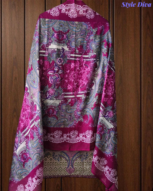 Fully Stitched - Pakistani Style Digital Print Embroidered Kurta Set with Dupatta & Pants