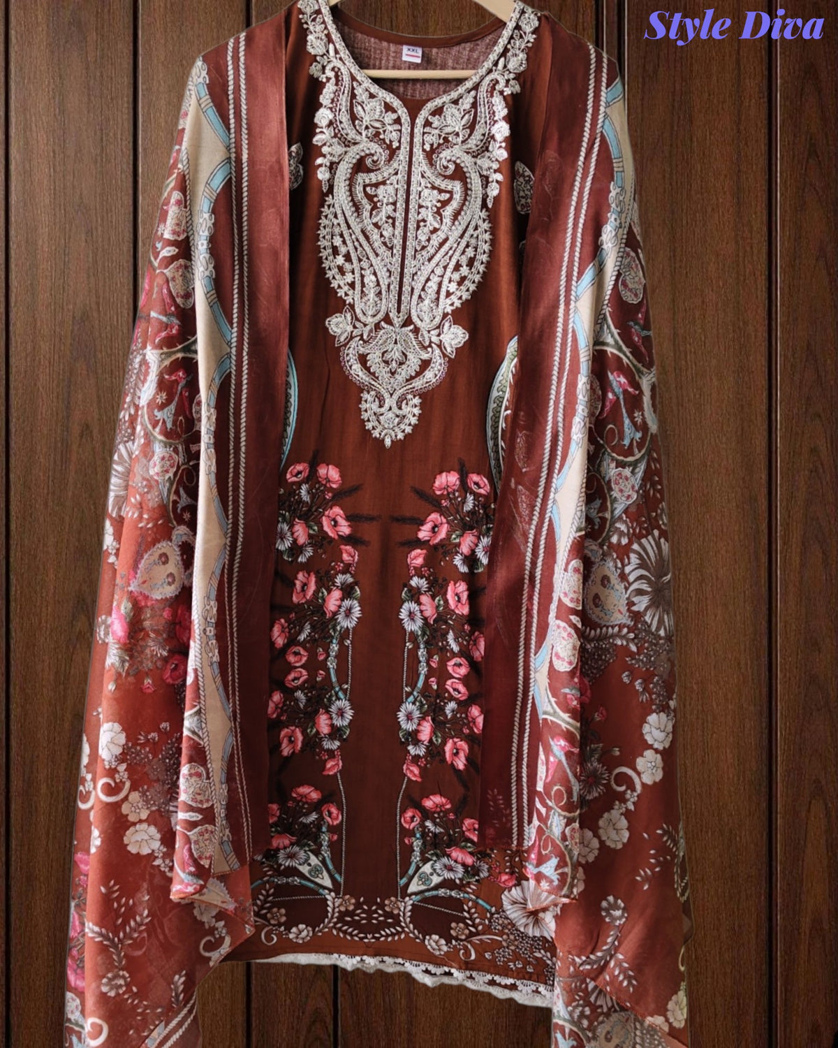 Fully Stitched -Rayon Pakistani Style Suit with Digital Print, Embroidery & Cotton Dupatta