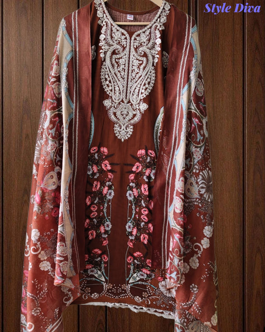 Fully Stitched -Rayon Pakistani Style Suit with Digital Print, Embroidery & Cotton Dupatta