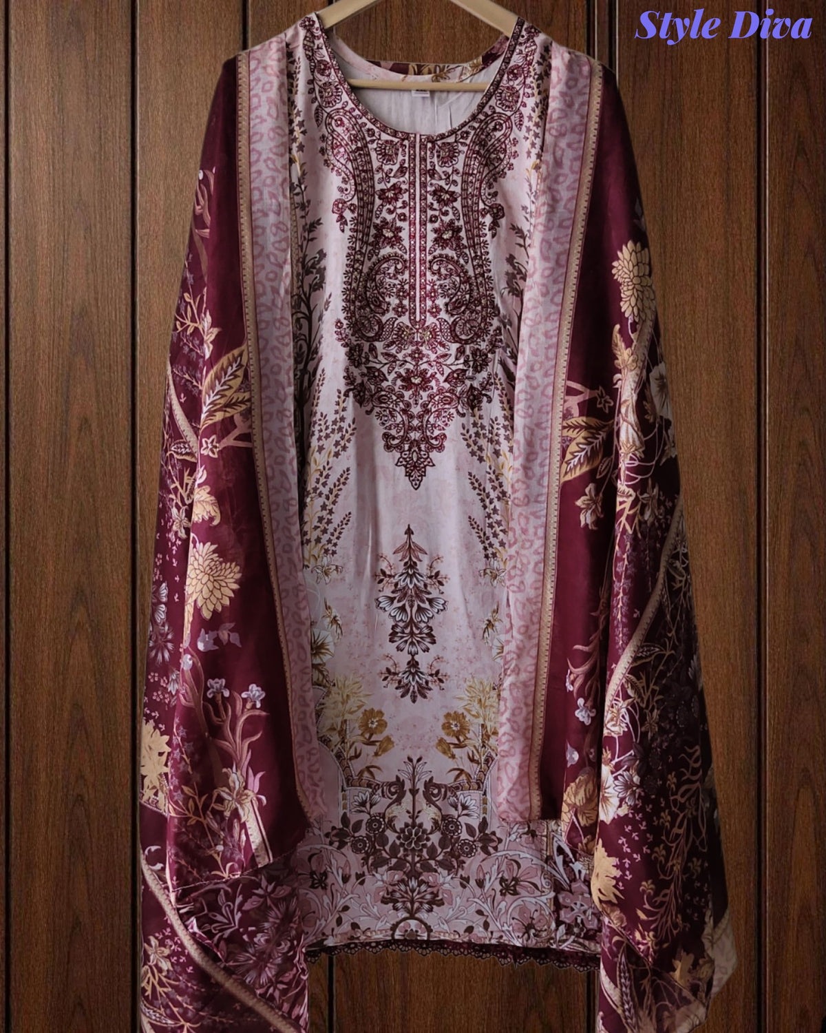 Fully Stitched -Rayon Pakistani Style Suit with Digital Print, Embroidery & Cotton Dupatta