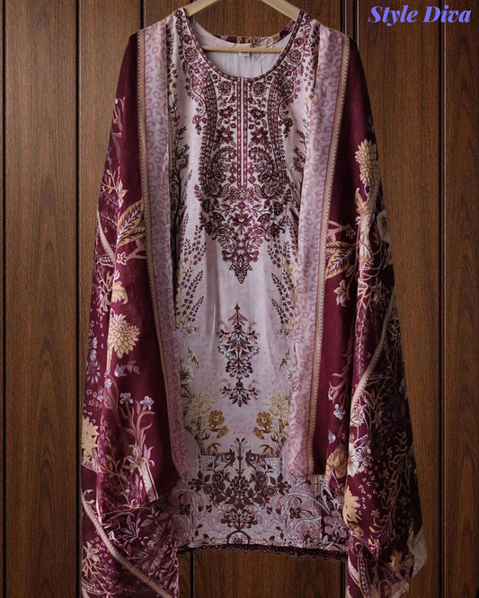 Fully Stitched -Rayon Pakistani Style Suit with Digital Print, Embroidery & Cotton Dupatta