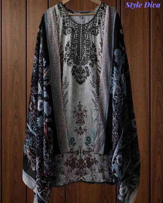 Fully Stitched -Rayon Pakistani Style Suit with Digital Print, Embroidery & Cotton Dupatta