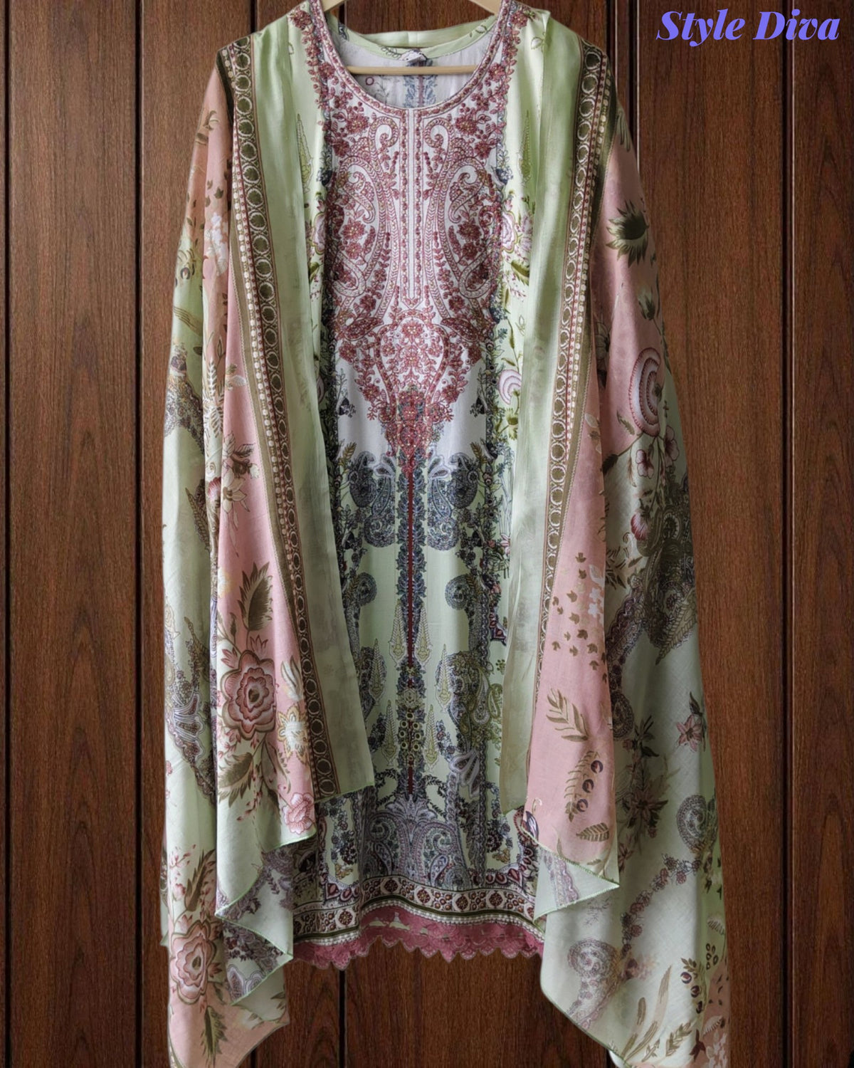 Fully Stitched -Rayon Pakistani Style Suit with Digital Print, Embroidery & Cotton Dupatta