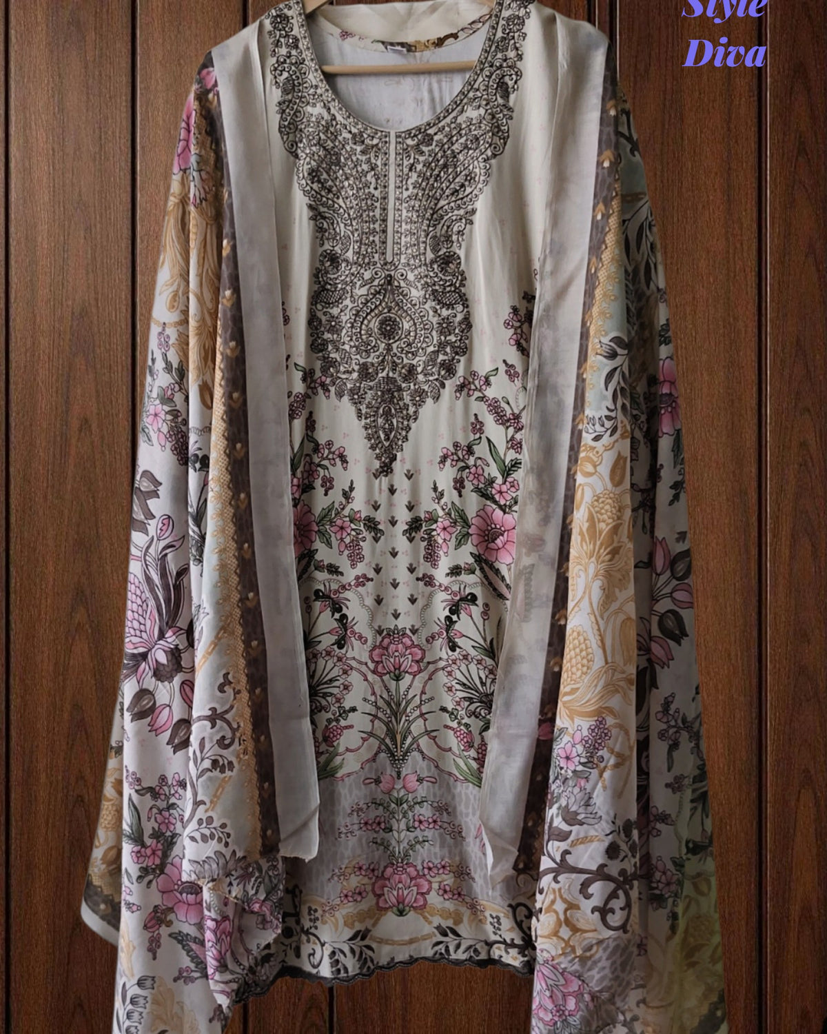 Fully Stitched -Rayon Pakistani Style Suit with Digital Print, Embroidery & Cotton Dupatta