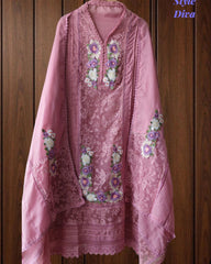 Linen Pakistani Style Unstitched Suit with 3D Embroidery Work and Crochet Lacing
