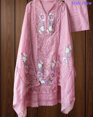 Linen Pakistani Style Unstitched Suit with 3D Embroidery Work and Crochet Lacing