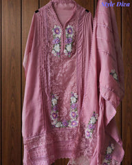 Linen Pakistani Style Unstitched Suit with 3D Embroidery Work and Crochet Lacing