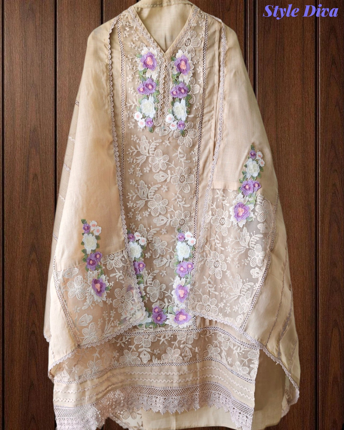 Linen Pakistani Style Unstitched Suit with 3D Embroidery Work and Crochet Lacing