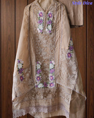 Linen Pakistani Style Unstitched Suit with 3D Embroidery Work and Crochet Lacing