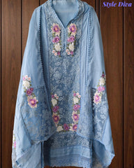 Linen Pakistani Style Unstitched Suit with 3D Embroidery Work and Crochet Lacing