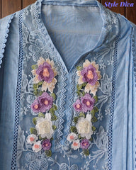 Linen Pakistani Style Unstitched Suit with 3D Embroidery Work and Crochet Lacing