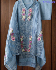 Linen Pakistani Style Unstitched Suit with 3D Embroidery Work and Crochet Lacing