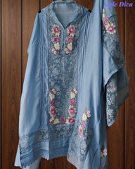 Linen Pakistani Style Unstitched Suit with 3D Embroidery Work and Crochet Lacing
