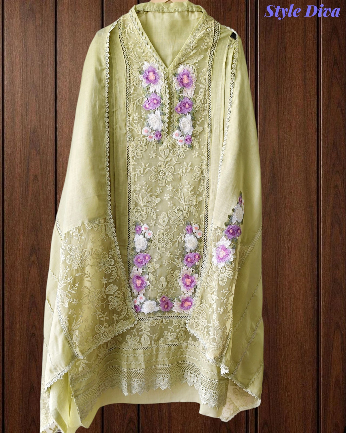 Linen Pakistani Style Unstitched Suit with 3D Embroidery Work and Crochet Lacing