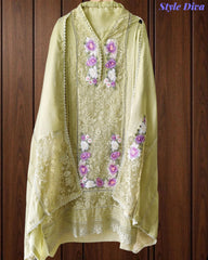 Linen Pakistani Style Unstitched Suit with 3D Embroidery Work and Crochet Lacing