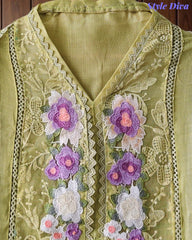 Linen Pakistani Style Unstitched Suit with 3D Embroidery Work and Crochet Lacing