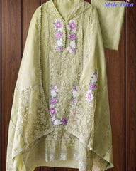 Linen Pakistani Style Unstitched Suit with 3D Embroidery Work and Crochet Lacing